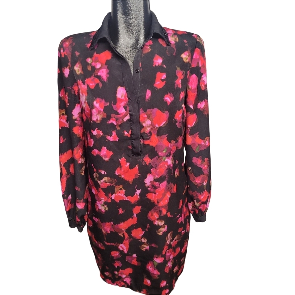 Marc New York Black and Pink Floral Shift Long Sleeve Shirt Dress Size 4